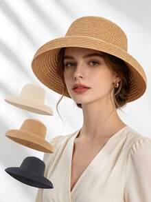 女士大檐草帽夏季防紫外线可折叠沙滩遮阳帽度假 - 大簷草帽 - 查看 4