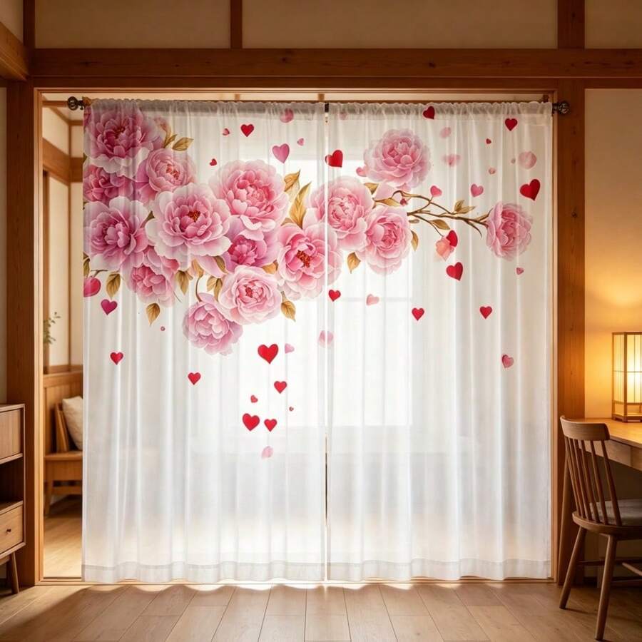 2pcs Romantic Pink Peony & Heart Pattern Sheer Curtains - Soft Polyester Material, Rod Pocket Design, UV Protection, Suitable For Living Room, Bedroom, Kitchen - Easy Care, Machine Washable, Bohemian Style Window Curtains - Multicolor - View 1