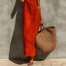 Red Linen Spaghetti Strap Maxi Dress For Women - Summer Casual Solid Color Beach Vacation Long Dress With Breathable Fabric For Resort Travel Date Night - 磚紅色 - 查看 5