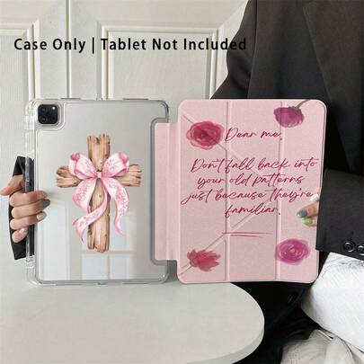 1个粉色蝴蝶结木质十字架透明亚克力可折叠平板电脑保护套，带支架，创新折叠设计，可实现多种观看角度，防刮防摔材质，时尚实用，兼容iPad Pro 2024/Air M3/A16 2025，适用于工作、旅行和居家使用。