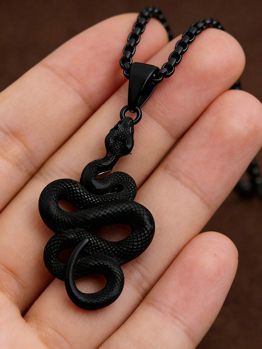 男士復古哥德風蛇形吊墜項鍊,不鏽鋼紋理盤蛇吊飾配方鏈,街頭風,獨特節日生日禮物 - 黑色 - 查看 1