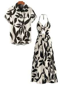 Vacation Couple Outfit Minimalist Leaf Pattern Twisted Cut Out Slit Halter Dress And Shirt Set - màu đen - Xem 2