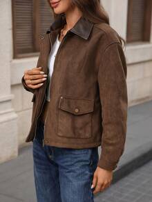 Áo khoác giả da nữ kiểu retro dáng rộng có túi, cổ ve áo, tay dài. - cà phê - Xem 3