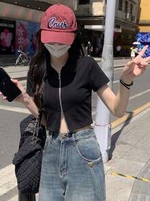 无袖紧身双拉链T恤，纯色，夏季休闲黑色 - 黑色 - 查看 3