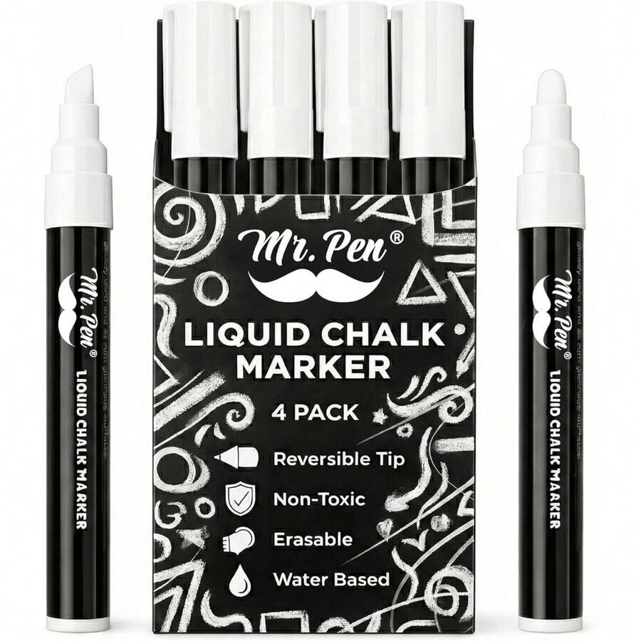 Reversible Tip White Liquid Chalk Markers, 4 Pack Erasable  Chalk Pens For Blackboard Glass Windows - 1 - View 1