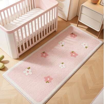 1pc Pink Floral Pattern Floor Mat, Baby Room Decor Rug, Children's Play Mat, Absorbent & Dirt-Resistant, Anti-Slip Rug, Decorative Carpet, Bedroom Decor, Small Rug, Carpet, Home Decor, Outdoor Rug, Washable Carpet