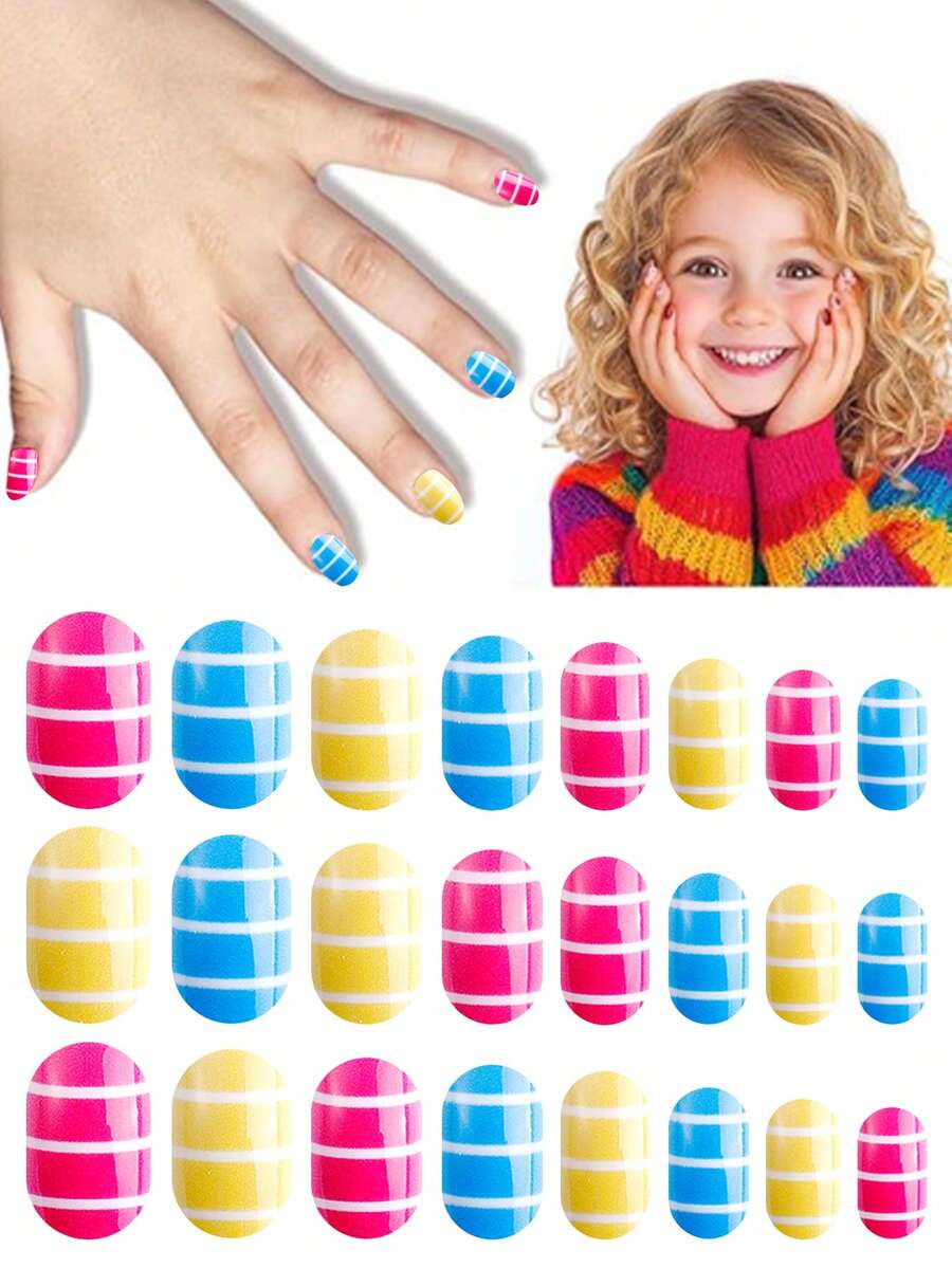 NAIO 24pcs Kids Press On Nails, Colorful Pink Blue Yellow Stripe Full Cover False Nails Colorful Full Cover Short False Nails For Girls, Cute Mixed Pattern Wearable Nail Kit With Storage Box & Nail File - Multicolor - View 1