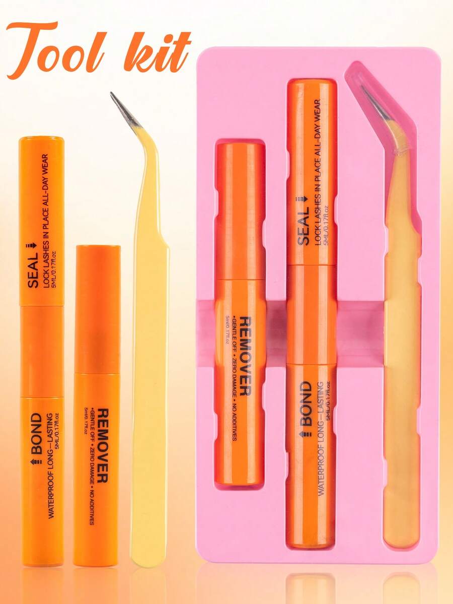 10ml Lash Glue & Sealant Kit With Tweezers, Quick Dry Strong Hold, Fragrance Free & Low Sensitivity, For DIY Lash Extension Bonding & Sealing - 珊瑚橙 - 查看 1