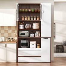 Armoire haute – Rangement modulable, étagères coulissantes, verre strié, adapté au salon, à la salle à manger et à la cuisine - Blanc + Noyer + MDF - Voir 4