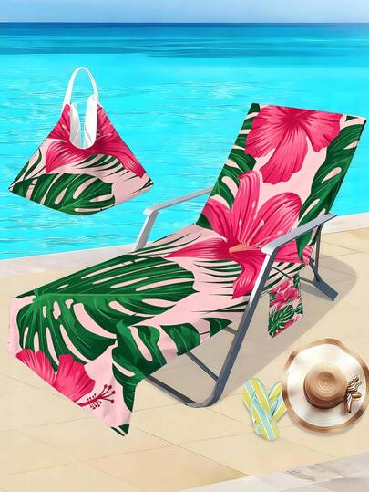1pc Tropical Plant, Palm Leaf Pattern Ultra-Soft Fiber Beach Chair Cover, Beach Chair Tote Bag, Beach Towel Accessory, Absorbent Beach Chair Cover, Sunbathing Garden Beach Hotel Chair Cover, Leisure Holiday Beach Lounge Chair Cover