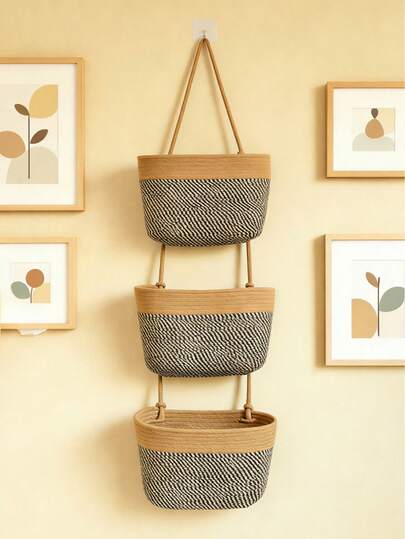Premium Design Elegant Wall-Mounted Hanging Basket, 3-Tier Wall Hanging Storage Basket, Woven Basket For Cosmetics, Over The Door Organizer