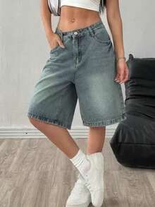 Pantalones cortos vaqueros anchos y sueltos de lavado claro vintage para adolescentes y niñas, ropa casual de calle - Lavado ligero - Ver 2
