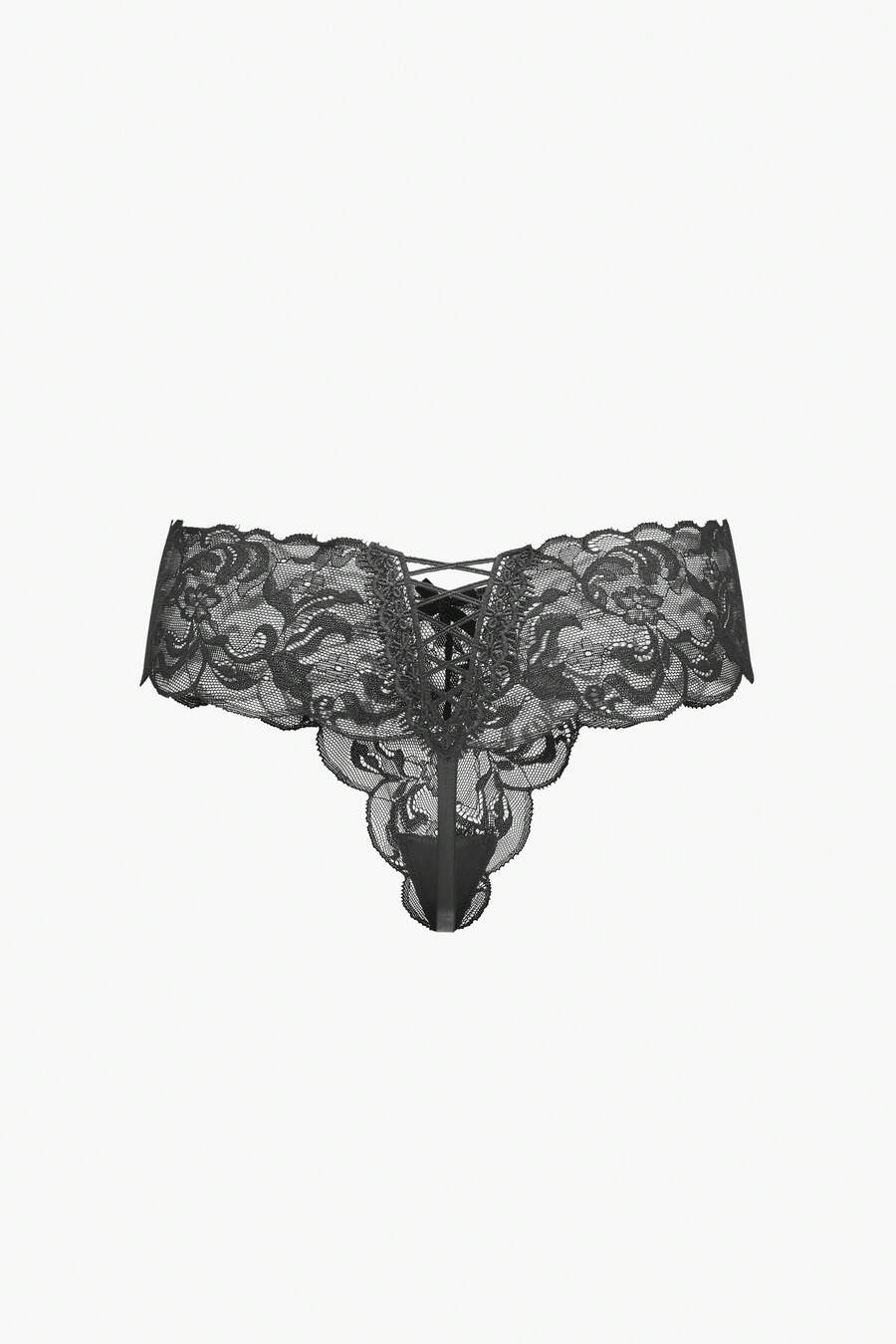 Bisouelle 女士镂空花朵蕾丝边修身性感丁字裤内衣 - 黑色 - 查看 1