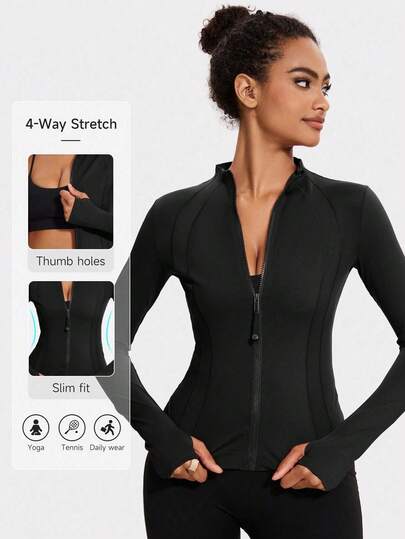 Women's Sports Jackets With Thumb Holes, Small Stand Up Collar, Streamlined Zipper Long Sleeved Jacket, Low Impact Yoga Daily Wear    Gym Tops    Workout Clothes For Women    Spering&Summer    Sport Outfit Women    Golf Outfit Women    Hiking Outfits For Women     Dodgers    Spring Jackets Women