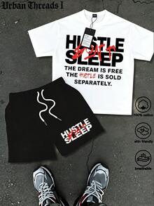 Men's Short Sleeve Shorts Set (2-Piece Set), Spring/Summer/Autumn Style, Short Sleeve T-Shirt+Drawstring Shorts, Soft And Comfortable Fabric, Machine Washable, Dry Cleanable, High Quality, T Rendy HUSTLE SLEEP Printed Pattern Hoodie+Shorts, Hip Hop Style, Suitable For Festival Celebrations, Homecoming Season, Street Dressing, And Outdoor Activities - trắng - Xem 1
