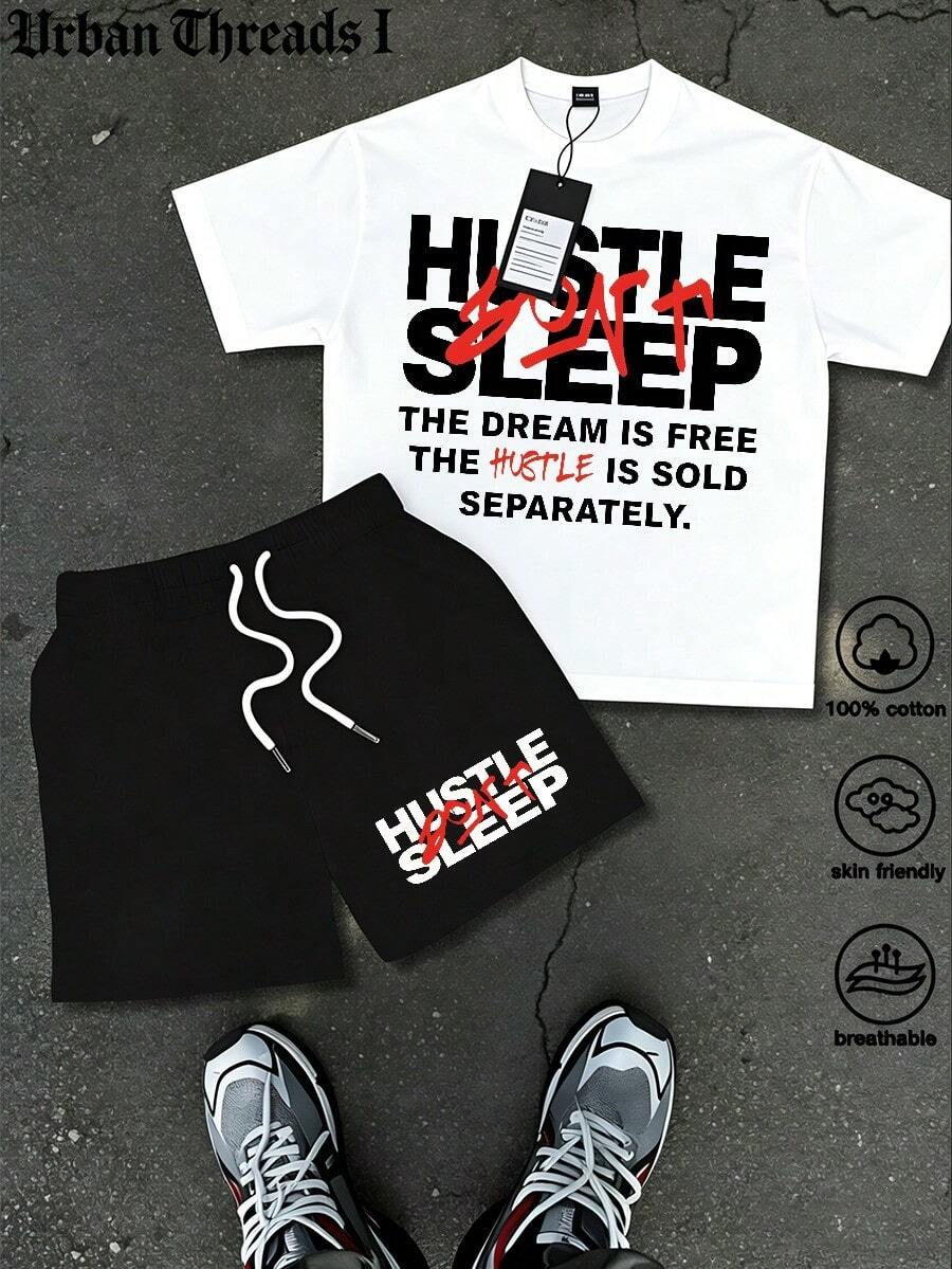 Men's Short Sleeve Shorts Set (2-Piece Set), Spring/Summer/Autumn Style, Short Sleeve T-Shirt+Drawstring Shorts, Soft And Comfortable Fabric, Machine Washable, Dry Cleanable, High Quality, T Rendy HUSTLE SLEEP Printed Pattern Hoodie+Shorts, Hip Hop Style, Suitable For Festival Celebrations, Homecoming Season, Street Dressing, And Outdoor Activities - trắng - Xem 1