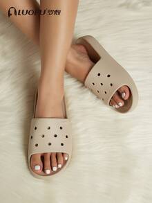 luofu Women's New Non-Slip Slippers, Fashion Summer Apricot Beach, One-Piece Molded Solid Color Round Toe Thick Bottom, Season, Outdoor, Sandals, Sliders - Beige - View 2