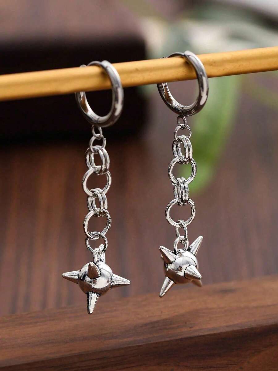 一对不锈钢链球吊坠耳环，男女通用，朋克哥特风格首饰 - 銀色 - 查看 1