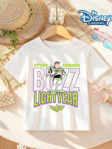 Disney 'Toy Story' Buzz Lightyear Pattern Baby Denim T-Shirt Two-Piece Set, Suitable For Spring And Summer Casual Vacation Country Bohemian Style Clothing, Western Street Style Clothing, Rave Party Clothing T-Shirt And Jeans Two-Piece Set - 白色 - 查看 2
