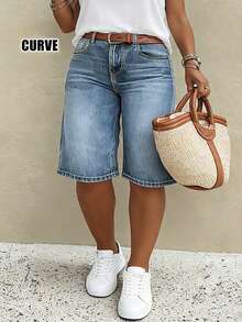 Mid-Waist Non-Stretch Retro Nostalgic Casual Women's Plus Size Denim 5-Point Pants - Medium Wash - View 1