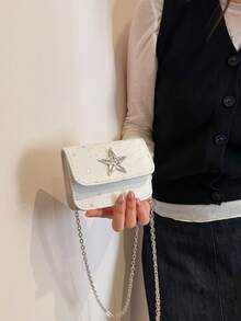 Mini Fashion Chain Shoulder Bag, Star Diamond Stylish Shoulder Bag, Mini Lipstick Coin Purse - Beige - View 11