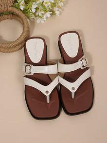 Summer Retro Square Toe Thick Bottom Slip-On Sandals, Casual Beach Holiday Daily Wear - White - View 2