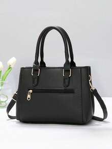 1pc Fashion Versatile Soft & Comfortable Fabric Minimalist Black Handbag, With Pearl Bow Pendant Accessory, Suitable For Travel, Outing, Shopping - Black - View 4