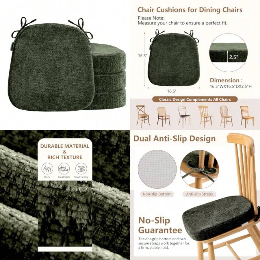 Cojines de silla en forma de D para sillas de comedor almohadillas para orejas de silla de 2.5 pulgadas de grosor con funda lavable y cómoda cojines antideslizantes para sillas de cocina con - Verde - Ver 1