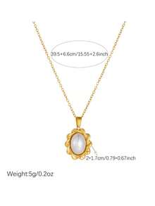 1pc Fashionable Retro Gold-Plated Lace Oval Inlaid Faux Pearl Pendant Stainless Steel Jewelry Collarbone Necklace - Gold - View 4