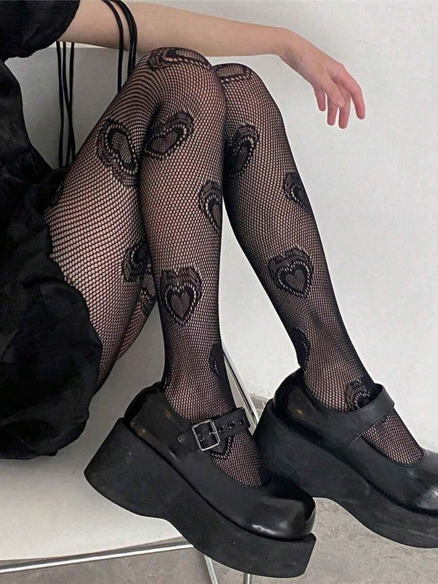[1 Pair] Personalized Colorful Hollow Out Big Heart Fishnet Stockings, Sexy & Cute & Fashionable - 白色 - 查看 1
