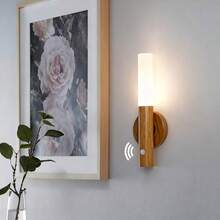1pc Plastic Wood Grain Rechargeable Smart Motion Sensor LED Wall Lamp Charging Magnetic Suction Dimmable Nighe Light LED Wall Sconces - one-size - View 3