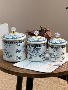 Retro Floral Pattern Acrylic Rhinestone Lid Enamel Canister + Coffee/Tea/Sugar/Spice Jar + Suitable For Living Room Desk Decor/Kitchen Storage/Dining Table Canisters + Can Be A Thoughtful Small Gift For Friends And Family - View 5