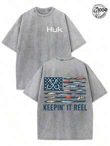 Women's Graphic Tee HUK Heavyweight 230GSM Fishing T-Shirt - American Flag & Fish Print Back-To-Back Print, "KEEPIN' IT REEL" Slogan - Men's & Women's Crewneck Tee For Anglers, Door Activities, Streetwear - Machine Washable Casual Shirt Gift, Angler Clothing, Bold Print Top, Durable FabricLoose And Comfortable Camiseta Playeras Para Mujer Summer Clothes - Grey - View 11