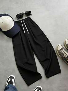 男士黑色宽松抽绳腰九分裤，休闲街头风 - 黑色 - 查看 6