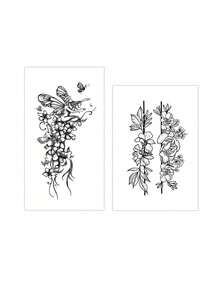2 feuilles de tatouages temporaires pour femmes, motifs de fleurs noires, oiseaux, papillons et fées. Tatouages temporaires imperméables durant 2 à 5 jours, peuvent être utilisés sur les bras, les épaules, le cou, la taille ou les jambes. Convient pour les festivals, les fêtes, les mariages et comme cadeau. Peut également être utilisé comme décoration corporelle. Style croquis. - Noir - Voir 8