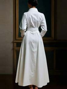 Women's Elegant Solid White Structured Satin Lapel Collar Long Sleeve Self-Tie Belted Waist Flared A-Line Maxi Shirt Dress, Old Money Aesthetic French Vintage Formal Evening Gown For Wedding Guest Date Night Office Commute Prom Streetwear Photography - 酒紅色 - 查看 8