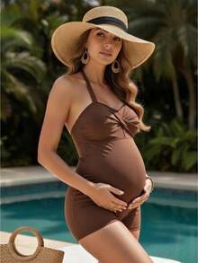 Maternity Halter Neck Swimsuit  Backless One Piece Monokini  Solid Color Pregnancy Swimwear For Beach Vacation - Reddish Brown - View 1