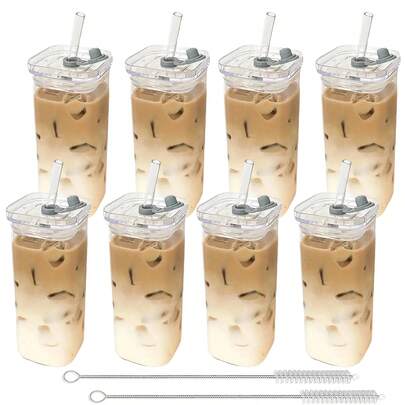  TUMATICLY 4/6/8PCS Square Glass Cups With Lids, 13oz, Perfect Coffee Cups, Includes Straws, Gift For Cup Collectors, Suitable For OHome, School, And Outdoor Use, Weddings,  Comes With Cleaning Brush Tool