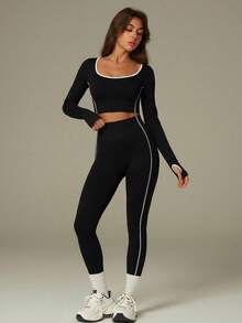 UONNOU Bộ đồ thể thao 2 món dành cho nữ mùa xuân/thu: quần legging xếp ly cạp cao và áo croptop cổ tròn có lỗ xỏ ngón tay, thích hợp tập yoga và thể dục. - màu đen - Xem 7