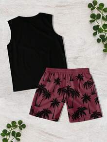 Men's Palm Tree Print Sleeveless Crew Neck Tank Top And Shorts Casual Set - Red - View 3