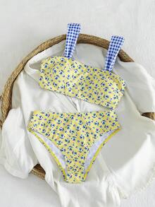 Bộ bikini hai mảnh mùa hè, kiểu dáng ngọt ngào cho kỳ nghỉ biển, họa tiết hoa nhí màu vàng, cổ vuông, phối họa tiết kẻ caro tương phản, dây đeo vai, cạp cao. - Nhiều màu - Xem 3
