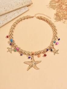 1pc Chunky Jewelry Necklace, Luxury Heavy Metal Necklace With Colorful Stone Starfish Pendant, Unique Design Thick Chain Necklace For Women, Suitable For Daily Wear, Dates, Parties, Music Festivals - Multicolor - View 2