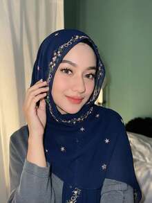 1 pieza Pañuelo de mujer de gasa bordado de moda, pañuelo suave y transpirable, versátil, hijab de protección solar musulmán, adecuado para uso diario, reuniones, viajes, fotografía y todas las estaciones - Azul marino - Ver 2