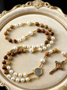 GO2CJBEADS 1pc Handmade Natural Stone Beads Rosary Cross Necklace, Classic Vintage Religious Gift, Beaded Necklace Prayer Jewelry - Z0694A - View 4