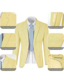Men's Suit 2-Piece Set - Solid Seersucker Single-Breasted Jacket, Essential For Casual Activities, Weddings, Parties, And Business Occasions, Classic Tailoring Formal Style, High-Quality Tailored Seersucker Fabric, Fashionable Gentleman Style - 黃色 - 查看 5