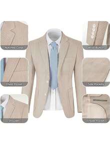 Men's Suit 2-Piece Set - Solid Seersucker Single-Breasted Jacket, Essential For Casual Activities, Weddings, Parties, And Business Occasions, Classic Tailoring Formal Style, High-Quality Tailored Seersucker Fabric, Fashionable Gentleman Style - 卡其色 - 查看 5