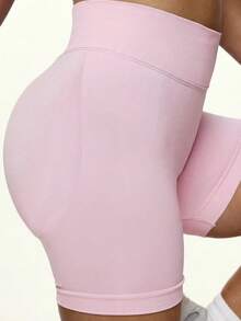 Y2K 女款粉色運動短褲，收腹提臀性感無縫短褲，學院風慢跑褲，適合休閒穿著、健身房夏季穿搭 - 粉色 - 查看 5