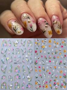 2 piezas Pegatinas de arte de uñas 5D en relieve con flores de verano, patrón de margaritas, tulipanes y abejas, decoraciones de uñas con tema de jardín de primavera/verano autoadhesivas, suministros de arte de uñas DIY para mujeres - Multicolor - Ver 3