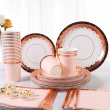 Juego de vajilla desechable con borde floral en color oro rosa, que incluye platos de papel de 7/9 pulgadas, vasos de papel, servilletas de papel, adecuado para fiestas de cumpleaños, fiestas festivas, reuniones, celebraciones, meriendas de boda, ceremonias de graduación - Multicolor - Ver 4