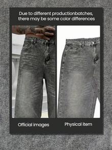 1件复古水洗宽松阔腿男士牛仔裤，无弹力，适合休闲和工作场合穿着。 - 灰色 - 查看 11